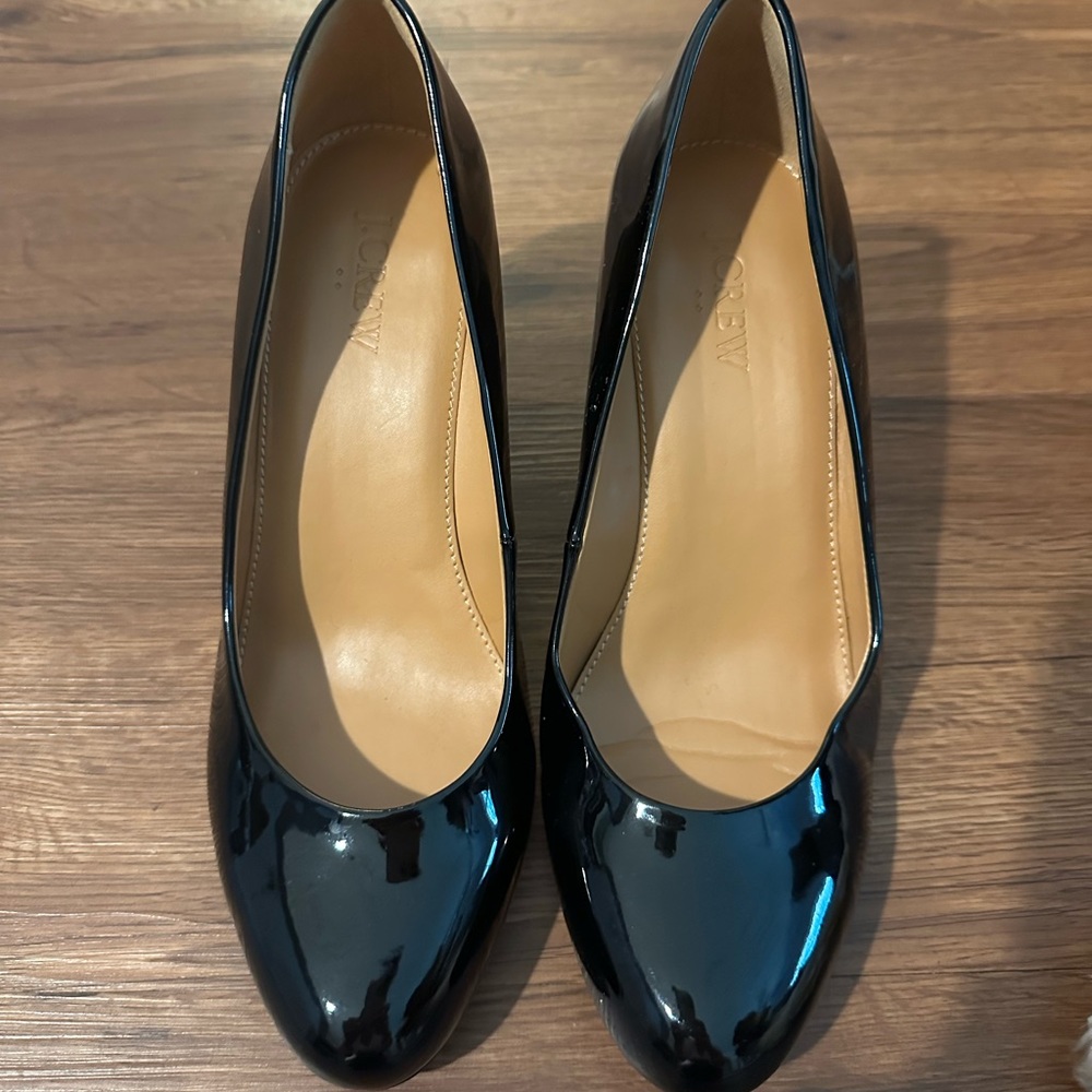 J Crew Sylvia black patent leather wedges, size 8